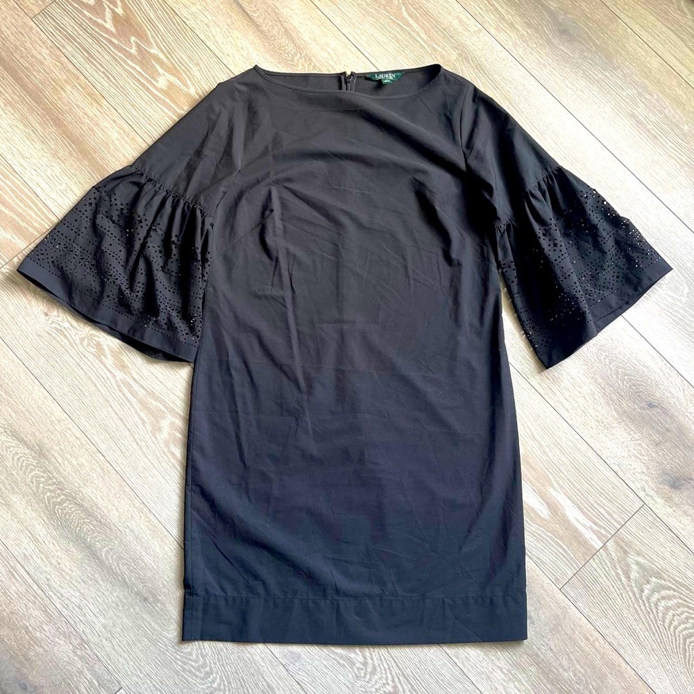 Lauren Ralph Lauren Dress Womens 8 3/4 Bell Sleeve Boho Shift Knee Length Black